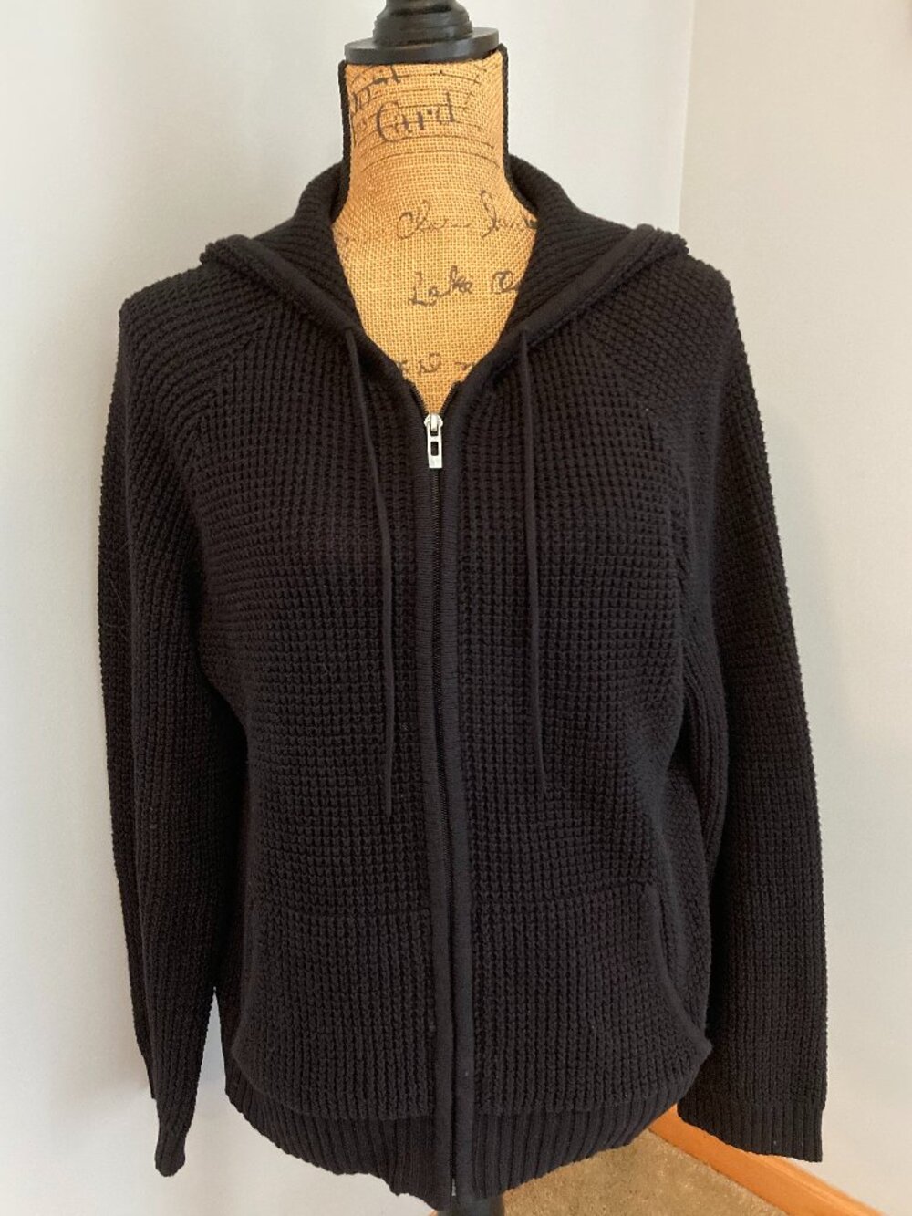 Relativity Black Waffle Knit Full Zip Hoodie Sweater Women Large